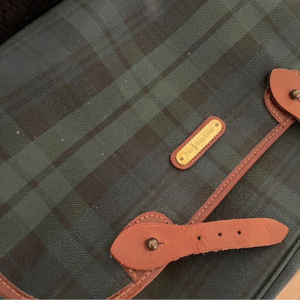 Vintage Polo Ralph Lauren Green tartan plaid leather messenger crossbody bag - Picture 10 of 12